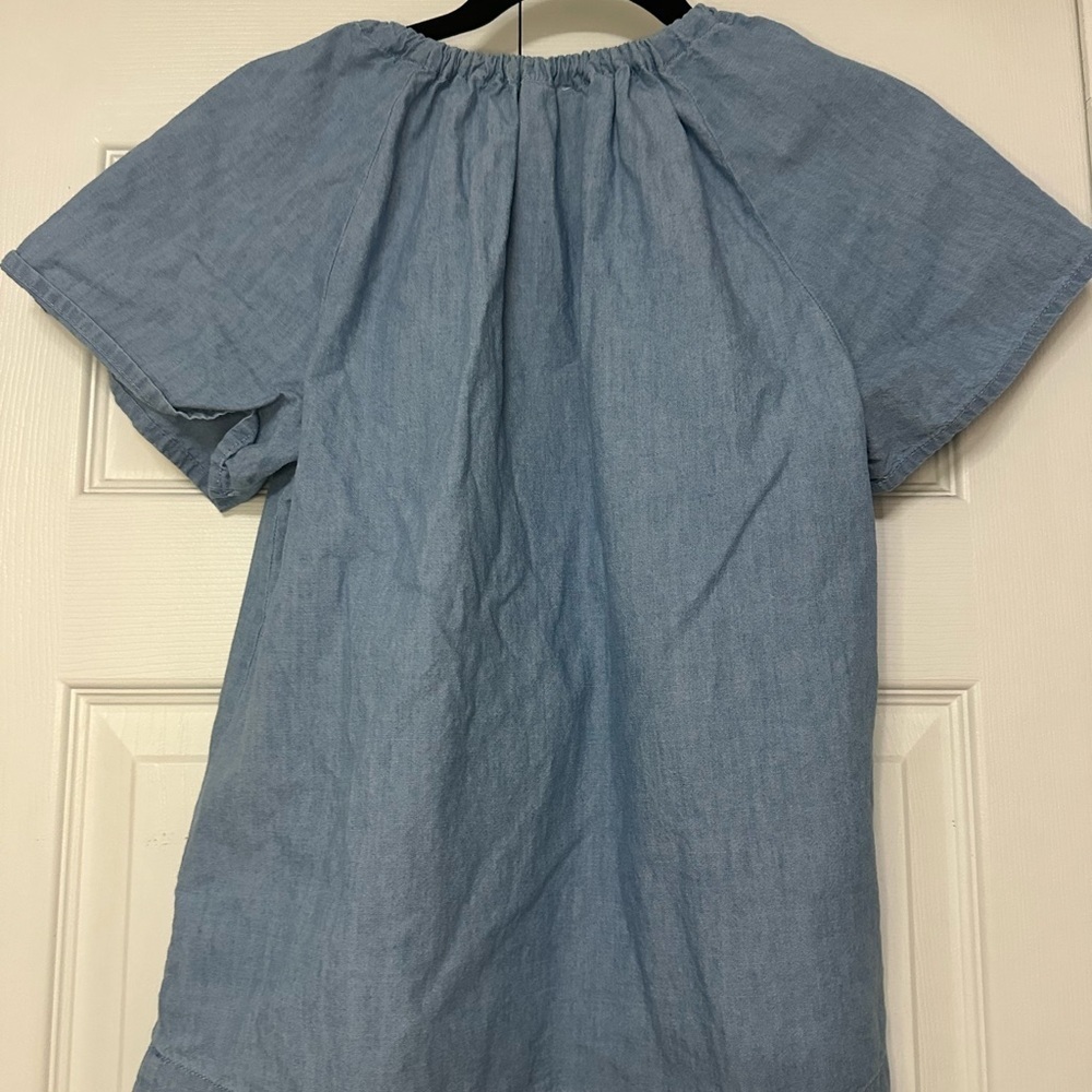 J. Crew Blue Chambray Ruched Tie Neck Top Coastal Beach Prairie - Picture 4 of 4